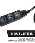 Close-up of Heavy Hitter 10 Ft Extension Cord With 3 Outlets And 240 Volt 6-15P Plugs for powering multiple devices.