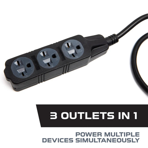 Close-up of Heavy Hitter 10 Ft Extension Cord With 3 Outlets And 240 Volt 6-15P Plugs for powering multiple devices.