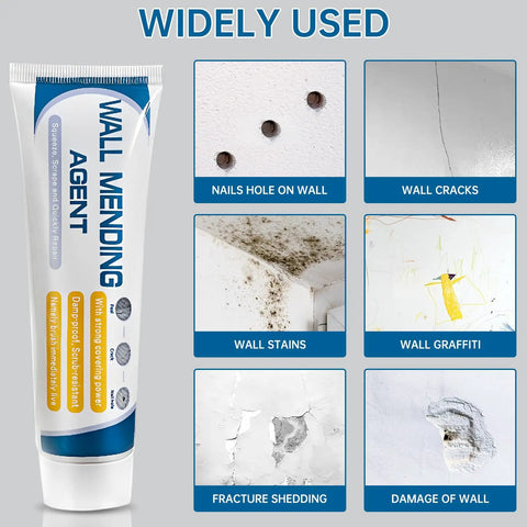 Image of Drywall Repair Kit With Scraper And Spackle Paste For A Quick Patch Fix, showing wall damage examples and repair tube.
