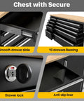 72 Inch Rolling Tool Chest With Power Outlet, Heavy Duty Tool Cabinet With 10 Drawers, Adjustable Dividers, Rubber Wood Workbench, Key Locking System And Drawer Liners For Garage Workshop with smooth slides and lock