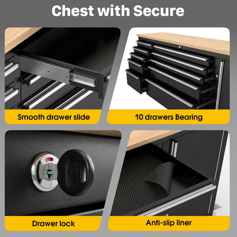 72 Inch Rolling Tool Chest With Power Outlet, Heavy Duty Tool Cabinet With 10 Drawers, Adjustable Dividers, Rubber Wood Workbench, Key Locking System And Drawer Liners For Garage Workshop with smooth slides and lock