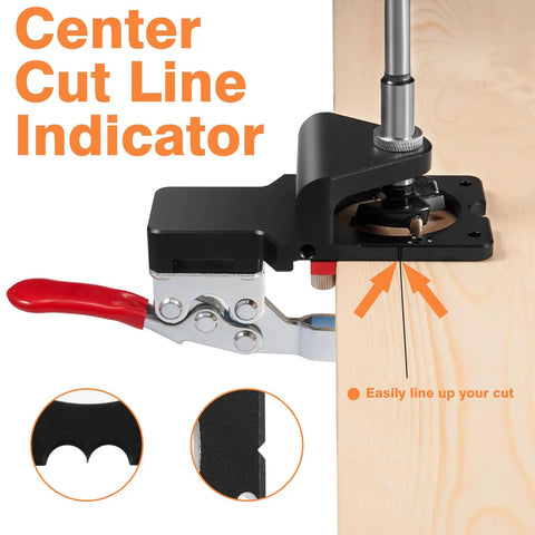 35mm Cabinet Door Concealed Hinge Jig With Quick Clamps And Snap-On Ruler For Adjustable Edge Margins showing center cut line indicator and clamp.
