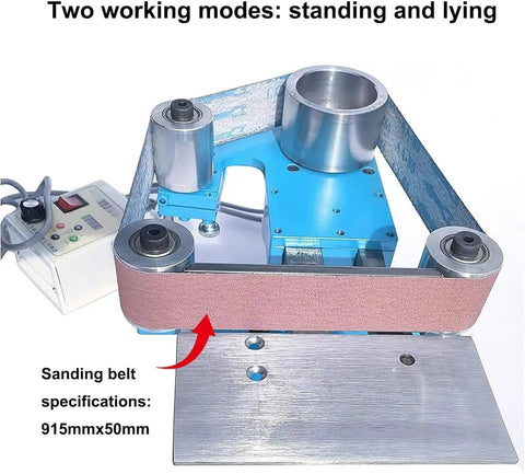 Heavy Duty Belt Sander With 750-1100W Brushless Motor For Woodworking And Metal Polishing Adjustable Speed Up To 6500 RPM with sanding belt specifications.