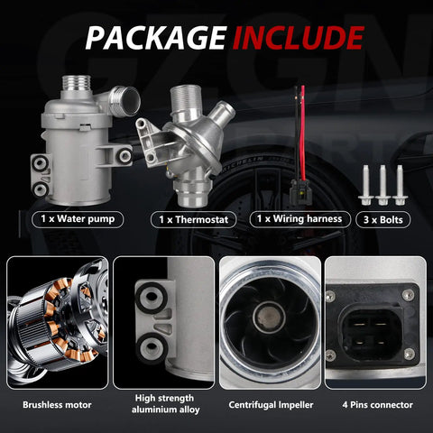 Heavy Duty Electric Engine Water Pump With Aluminum Thermostat For BMW Models, includes water pump, thermostat, wiring harness, and bolts.