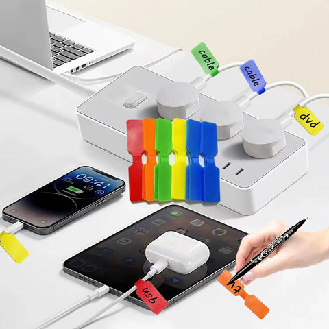 60 Pack Cable Labels And Cord Organizer Kit with color coded write on wire labels, marker, and 30 cable ties for home office