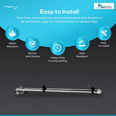 Stainless Steel Rail Mount Flag Staff Pole With Adjustable Clamps And 12x18 Inch US Flag, rust resistant, easy to install
