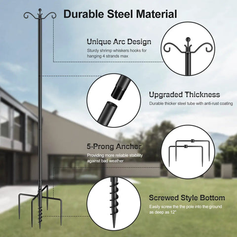 Outdoor String Light Poles 2 Pack 8.5 Ft Heavy Duty Metal Posts With 5 Prong Base And Spiral Ground Anchor for stable setup