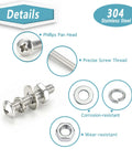 Close-up of 304 Stainless Steel Heavy Duty Screw Set with Phillips pan head, threads, and washers for DIY and industrial use.