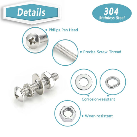Close-up of 304 Stainless Steel Heavy Duty Screw Set with Phillips pan head, threads, and washers for DIY and industrial use.