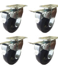 Four heavy duty caster wheels with 5 inch 6 inch or 8 inch rubber on cast iron, rigid and total lock brakes, 2 inch tread, for tough carts.