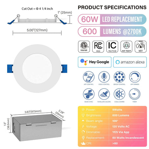 4 Inch LED Smart Recessed Pot Light 4 Pack, Slim Profile, WiFi App and Voice Control, 120V, 9W, 600LM, RGB and Tunable 2700K to 6000K, Wet Location, ETL FCC IC Rated, Alexa and Google Home Compatible, White