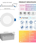 Specifications of 8-Inch LED Recessed Canless Smart Wafer Downlight With WiFi App And Voice Control, including dimensions and features.