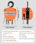 Front and side view of Hand Chain Hoist 1100 Lb Capacity Half Ton With 10 Ft Lift Galvanized G80 Chain Heavy Duty Pulley Hoist, orange color