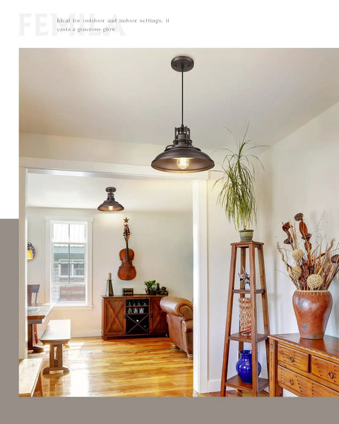 Farmhouse Pendant Light For Kitchen Island, kitchen view with 12 inch barn style oil rubbed bronze hanging lamp in living space