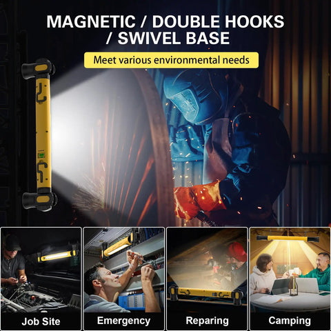 Magnetic LED Work Light Bar With 6000mAh Battery And 3000LM Brightness used in various environments like car repair and camping.
