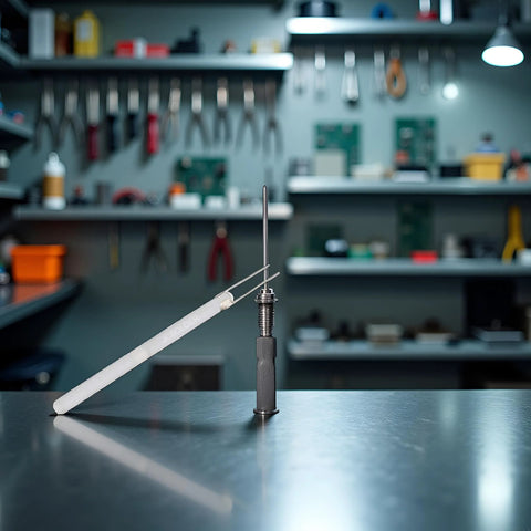 Front view of adjustable-temperature electric soldering iron in a metal stand on a workshop bench.