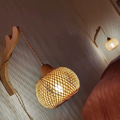 Hand Woven Bamboo Lantern Wall Sconce With Plug In Cord Wicker Rattan Farmhouse Rustic Boho Lighting for Living Room, Bedroom
