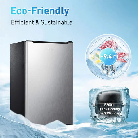 Compact Upright Freezer 3 Cu Ft Mini Standalone Cooler With Three Pull Down Drawers And Adjustable Thermostat shown with eco-friendly features.