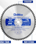 Front view of 14 Inch Metal Cutting Saw Blade With 66 Tooth For Heavy Duty Chop Saws 1 Inch Arbor 2.6 mm Thin Kerf For Clean Finish Up To 1500 RPM Compatible With S14CPS S15CPS S355MCS S355CPS S380CPS And More Extra Cut Off Wheel