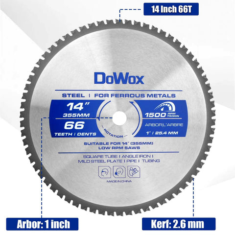 Front view of 14 Inch Metal Cutting Saw Blade With 66 Tooth For Heavy Duty Chop Saws 1 Inch Arbor 2.6 mm Thin Kerf For Clean Finish Up To 1500 RPM Compatible With S14CPS S15CPS S355MCS S355CPS S380CPS And More Extra Cut Off Wheel