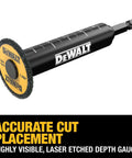 DEWALT Impact Connect PVC pipe cutter with diamond grit wheel; angled side view shows measurement marks on black handle.