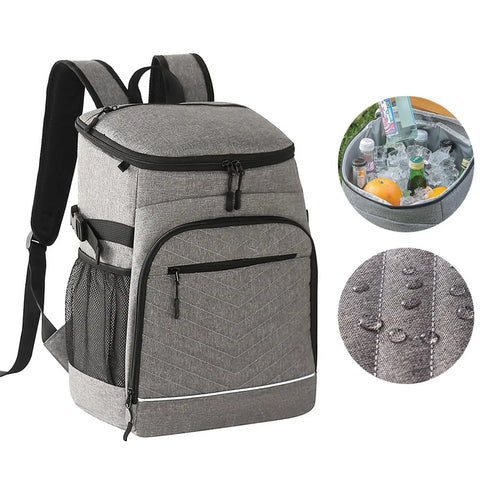 Kickass Heavy Duty Insulated Cooler Backpack With Leakproof Thermal Core And Adjustable Padded Straps For Camping Beach Hiking Keeps Snacks Ice Cold No Sweat with gray fabric and side mesh pocket.