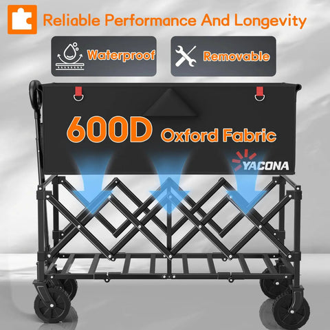 Extra Long 35 Inch Folding Wagon With Wheels, Heavy Duty Collapsible Utility Cart, features waterproof 600D Oxford fabric