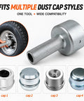Top Tier Trailer Dust Cap Installation And Removal Tool For 2.72 Inch Axle Grease Cover Puller showing multiple dust cap styles.