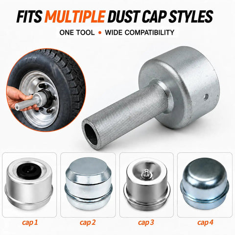 Top Tier Trailer Dust Cap Installation And Removal Tool For 2.72 Inch Axle Grease Cover Puller showing multiple dust cap styles.