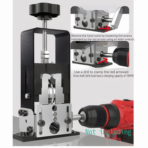 No Fuss Heavy Duty Hand Crank Wire Stripper Machine For Scrap Cables showing installation steps with drill attachment and adjustable components.