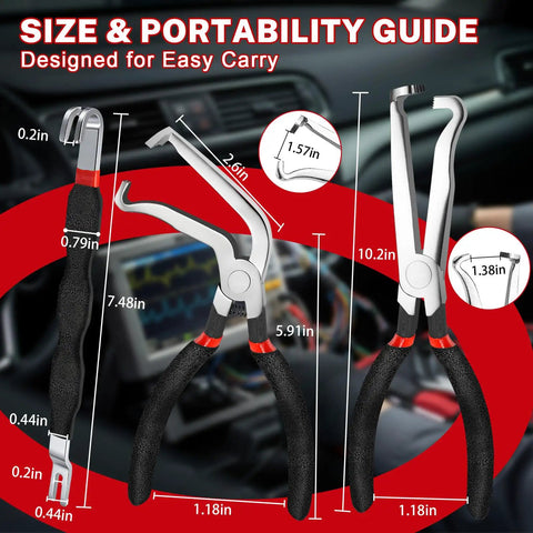 3 Piece Automotive Electrical Connector Pliers And Terminal Pin Removal Tool Set size guide on dashboard