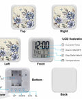 Solid Pick Straight Up Quiet Digital Cube Alarm Clock Country Blue Floral Pattern With Vintage Stamp Letters displayed from top, left, and front angles.
