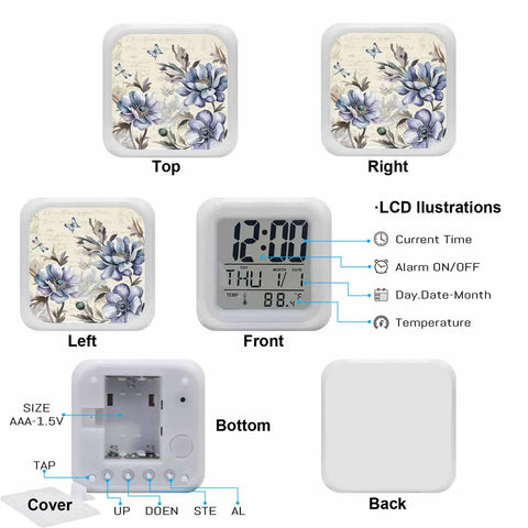 Solid Pick Straight Up Quiet Digital Cube Alarm Clock Country Blue Floral Pattern With Vintage Stamp Letters displayed from top, left, and front angles.