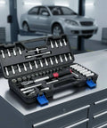 51-Piece Ratchet Socket Set Steel With Adjustable Tension Wrench Kit for Auto Repair and DIY on garage workbench