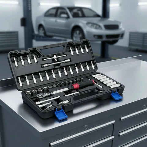 51-Piece Ratchet Socket Set Steel With Adjustable Tension Wrench Kit for Auto Repair and DIY on garage workbench