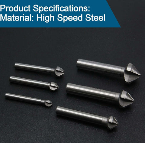 Aracombie 6-pack 3-flute 90° countersink drill bits, HSS, front view
