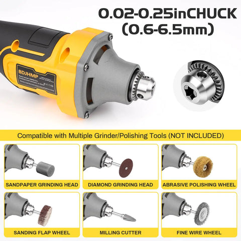 This Smooth Operator Cordless Die Grinder features a 0.02-0.25 inch chuck compatible with various polishing tools.
