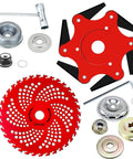 Steel Trimmer Head With 6 Blade Razors And 36 Tooth Brush Cutter Blade 65Mn Steel Includes Adapter Kits shown in red and silver components