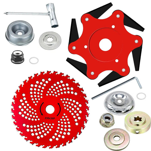 Steel Trimmer Head With 6 Blade Razors And 36 Tooth Brush Cutter Blade 65Mn Steel Includes Adapter Kits shown in red and silver components