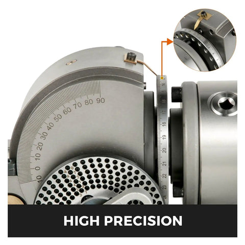 Badass Heavy Duty Dividing Head Indexing Kit With 4 Inch Three Jaw Chuck Mt2 Tailstock For Cnc Milling Grinders 90 Degree Tilt Adjustments showing precision measurement scale.