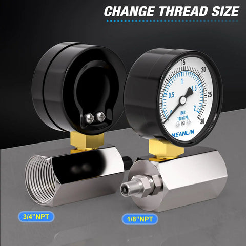 Two Inch Steel Double Graduated Air Test Pressure Gauges For Zero To Thirty Psi Range With Three Quarter Inch FNPT Connection Chrome Plated Iron Brass Construction Built For Tough Air Circuit Tests And Precise Readouts Workhorse In The Shop, showing gauge face and connector options