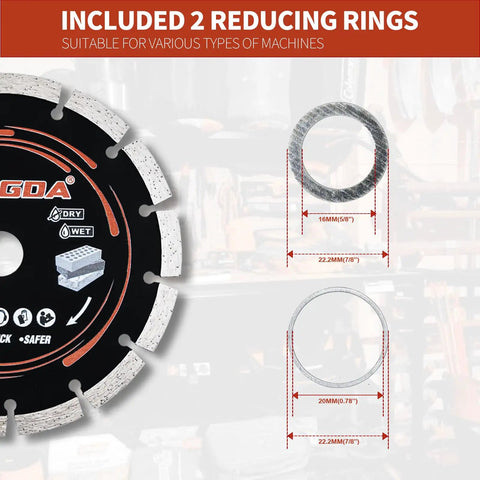 Included reducing rings for Four Point Five Inch Segmented Diamond Saw Blades Two Pack Angle Grinder Discs.