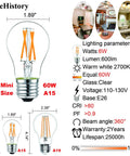 Smooth Dimmable E26 LED Bulbs 6W 60W Equivalent Vintage Edison Style A15 Clear Glass 2700K 600LM with dimensions and specs