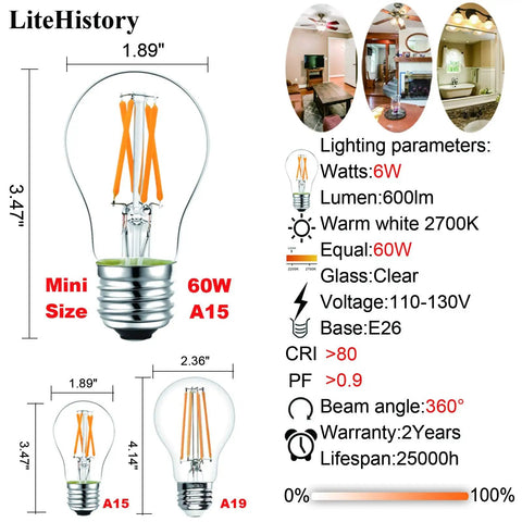 Smooth Dimmable E26 LED Bulbs 6W 60W Equivalent Vintage Edison Style A15 Clear Glass 2700K 600LM with dimensions and specs