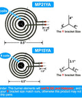 Diagrams of MP21YA 8.5-inch and MP15YA 6.5-inch electric range burner elements showing coil count and bracket size measurements.