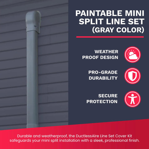 Paintable Gray Lineset Cover Kit For Ductless Mini Split AC System DIY Friendly Install on wall, 3x7.5 ft universal fit, smooth finish