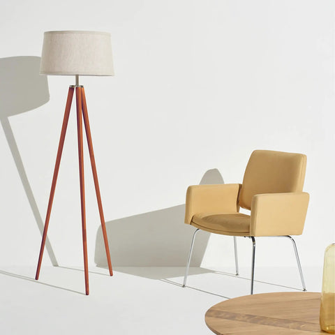 Tall Tripod Floor Lamp With Wood Legs And Cream Drum Shade, Modern Mid Century Style LED Lamp For Living Rooms, Bedrooms, And Home Offices