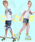 Two children wearing 6 In 1 Protective Gear Set For Inline Skating Skateboarding Scooters And BMX; knee pads, elbow pads, wrist guards.