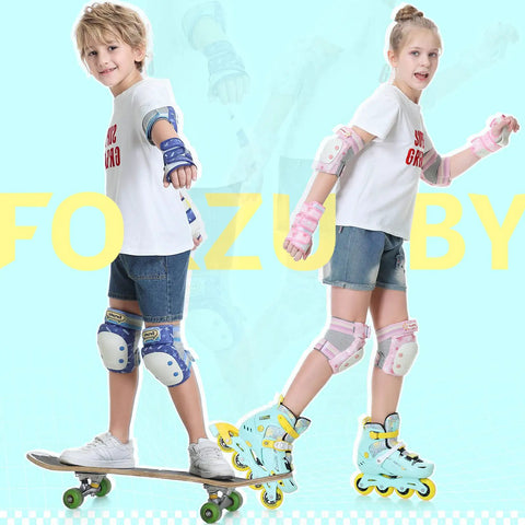 Two children wearing 6 In 1 Protective Gear Set For Inline Skating Skateboarding Scooters And BMX; knee pads, elbow pads, wrist guards.