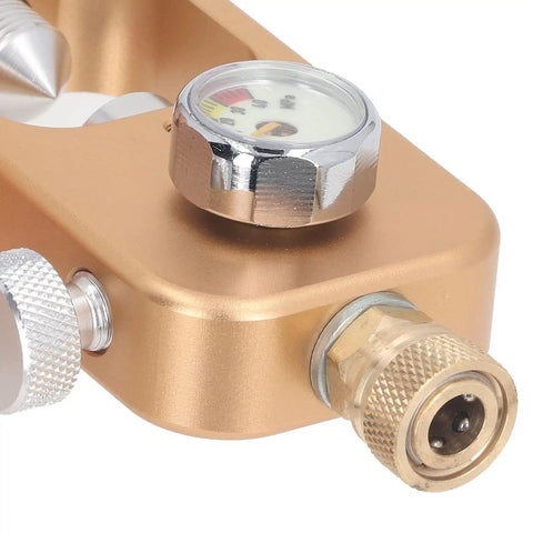 Close-up of a Scuba Valve Adapter 4500 Psi Fill Station With Hose, showing pressure gauge and aluminum build, for PCP guns and snorkeling.